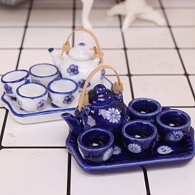 Ceramic Teapot & Tea Cup & Tray Set Model, Micro Landscape Home Dollhouse Accessories, Pretending Prop Decorations
