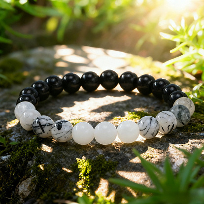 Натуральный белый нефрит, синтетический немагнитный гематит и круглые стеклянные бусины, эластичные, подходят для мужчин и женщин.