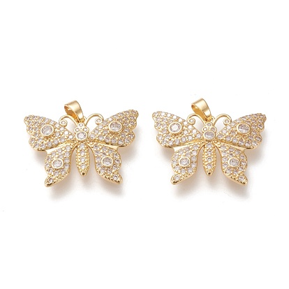 Brass Micro Pave Cubic Zirconia Pendants, Long-lasting Plated, Butterfly, Clear
