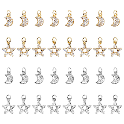 Moon & Star Brass Micro Pave Clear Cubic Zirconia Charms, with Jump Rings, Long-Lasting Plated