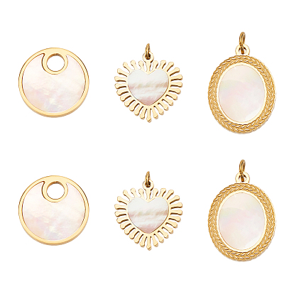 6Pcs 3 Styles Shell Pendants, with 316 Surgical Stainless Steel Findings, Heart & Oval & Flat Round