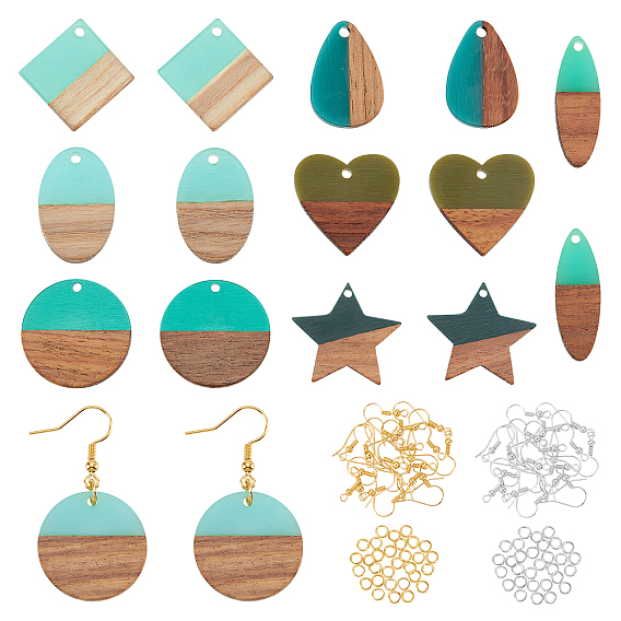 Earring Making Kits, Including Resin & Walnut Wood Pendants, Brass Earring Hooks, Brass Jump Rings, Waxed, Mixed Shapes