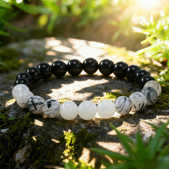 Натуральный белый нефрит, синтетический немагнитный гематит и круглые стеклянные бусины, эластичные, подходят для мужчин и женщин.