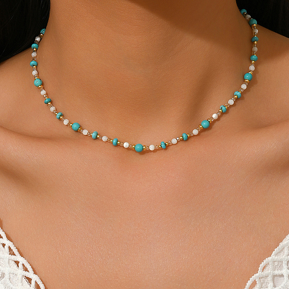 Простые ожерелья из синтетической бирюзы и натуральных ракушек в форме ронделей для женщин, золотые