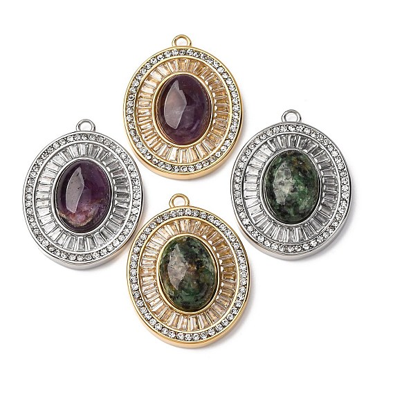 Овальные подвески из натуральных драгоценных камней, 304 подвески из нержавеющей стали с кристаллами и стразами