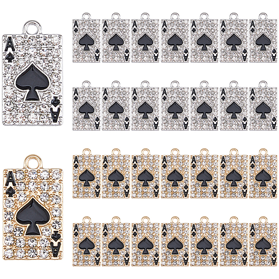 30Pcs 2 Colors Alloy Rhinestone Pendants, Playing Card with Ace of Spades Charms, with Enamel