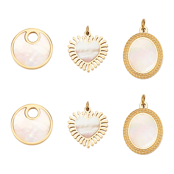 6Pcs 3 Styles Shell Pendants, with 316 Surgical Stainless Steel Findings, Heart & Oval & Flat Round