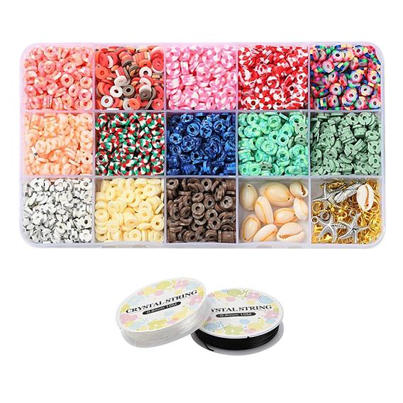 2600Pcs Disc/Flat Round Polymer Clay Beads, 10Pcs Starfish & Leaf CCB Plastic & Alloy Pendants, 10Pcs Oval Shell Beads, Zinc Alloy Clasps, Iron Findings and Elastic Thread, for DIY Jewelry Making Kits