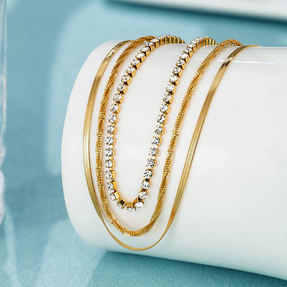 Ожерелья из трехслойных цепочек из нержавеющей стали и елочки, колье из теннисных цепей с кубическим цирконием