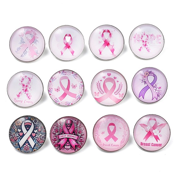 Лента для осведомленности о раке груди стеклянные броши, сплав края для рюкзака одежды, плоско-круглые