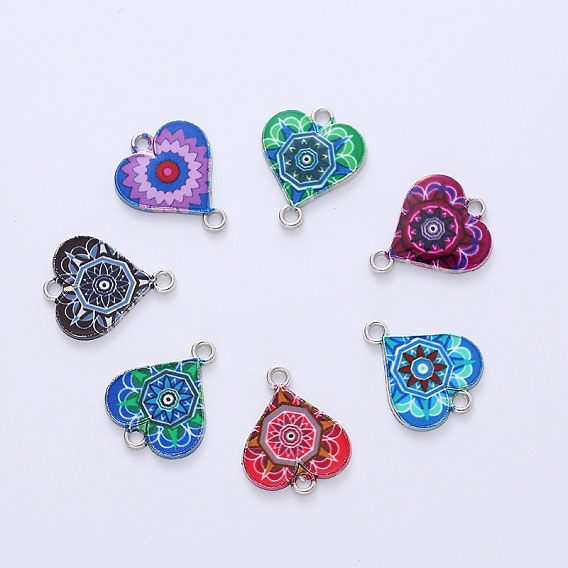 Valentine's Day Theme Alloy Enamel Connector Charms, Platinum, Heart with Flower Pattern