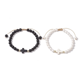 2 pcs 2 styles 6 bracelets de perles tressés en perles de lave naturelles rondes de mm, Bracelets empilables en turquoise synthétique croisé pour femmes et hommes