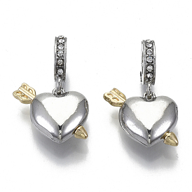 Alloy European Dangle Charms, with Crystal Rhinestone, Large Hole Pendants, Hollow Openable Heart with Arrow