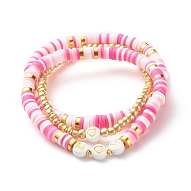 Handmade Polymer Clay Heishi Beads Stretch Bracelets Set, Heart Mom Word Acrylic Beads Bracelets, Brass Round Beads Bracelets for Mother's Day, Golden