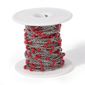304 Stainless Steel Handmade Beaded Chains, with Glass, with Spool, Stainless Steel Color