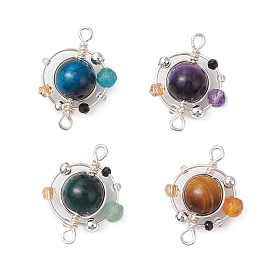 4Pcs 4 Colors Natural Tiger Eye(Dyed/Undyed) Copper Wire Wrapped Planet Connector Charms, with Stone & Glass, Silver Color Plated