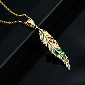 Bohemian Style Leaf Pendant Necklace with Zircon Stones for Women