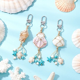 3Pcs Braided Nylon Thread & Natural Shell Pendant Decorations, with Synthetic Turquoise & Magnesite Starfish Turtles and Alloy Swivel Clasps