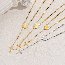 201 Винтажный рельефный портрет из нержавеющей стали с подвеской в виде креста с кисточкой, четки для женщин