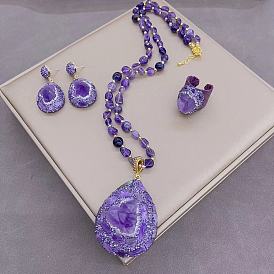Natural Amethyst Trio: Fashionable French Autumn/Winter Sweater Chain, High-End Raw Mineral Jewelry