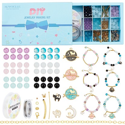 Kits de fabrication de bracelet bricolage, 10 pendentifs en alliage de forme de silhouette de chat, 204 pcs fleur et géométrie perles de verre et laiton, fils de queue et conclusions en laiton