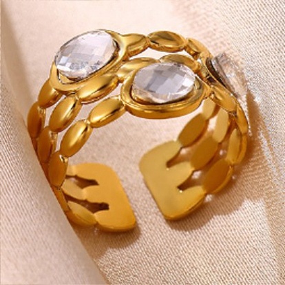304 Stainless Steel Pave Cubic Zirconia Cuff Open Rings, Oval