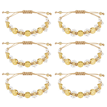 6Pulseras trenzadas de cuentas de semillas de vidrio y aleación, Pulseras trenzadas de hilo de nailon para mujer, San Benito plano y redondo con flor