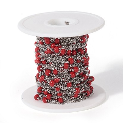 304 Stainless Steel Handmade Beaded Chains, with Glass, with Spool, Stainless Steel Color
