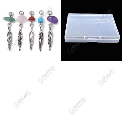 80Pcs 16 Styles Natural Rose Quartz & Amethyst & Howlite & Red Jasper & Green Aventurine Chip Pendants, Tibetan Style Alloy Feather Charms