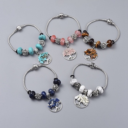 Brass European Bracelets, with Gemstone Rondelle Beads, Tibetan Style Alloy Flower Beads and Alloy Gemstone Charms, Flat Round with Tree