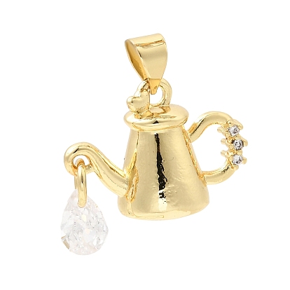 Brass Pendants, Teapot Charms with Clear Cubic Zirconia Tassel, Long-Lasting Plated, Rack Plating, Lead Free & Cadmium Free