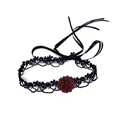 Lace Silk Ribbon Flower Choker Necklaces, Gothic Necklace with Velour Leather for Women