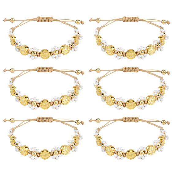 6Pcs Alloy & Glass Seed Bead Braided Bracelets, Nylon Thread Braided Bracelets for Women, Flat Round Saint Benedict & Flower