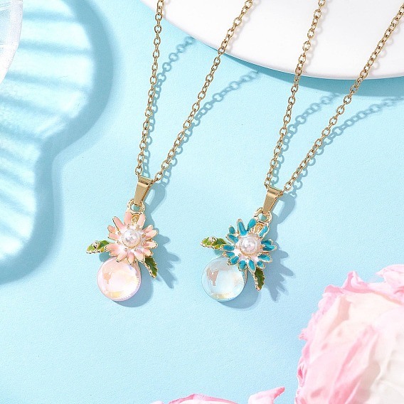 2 шт. 2 Цвета: сплав, эмаль, АБС-пластик, искусственный жемчуг и стеклянный цветок 304 Цепочка из нержавеющей стали для женщин, золотые