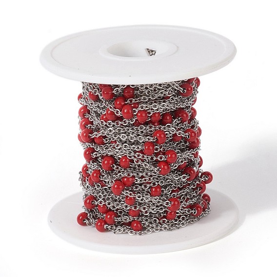 304 Stainless Steel Handmade Beaded Chains, with Glass, with Spool, Stainless Steel Color