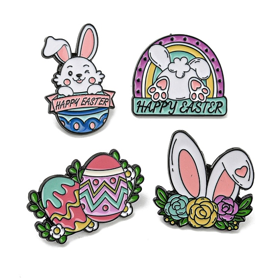Easter Rabbit Egg Flower Enamel Pins, Lovely Bunny Badge, Black Alloy Brooch for Backpack Clothes