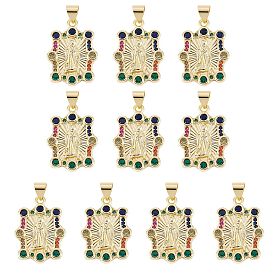 10Pcs Rack Plating Brass Micro Pave Cubic Zirconia Pendants, Real 18K Gold Plated, Long-Lasting Plated, Rectangle with Virgin Mary