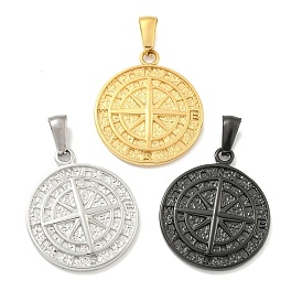 304 Stainless Steel Pendants, Flat Round with Compass Charm