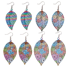 4Pairs 4 Style Spray Painted Stainless Steel Leaf Dangle Earrings, Etched Metal Embellishments, with Platinum Plated Iron Earring Hooks