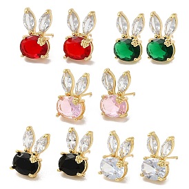 Rack Plating Real 18K Gold Plated Brass Rabbit Stud Earrings, with Glass, Long-Lasting Plated, Lead Free & Cadmium Free
