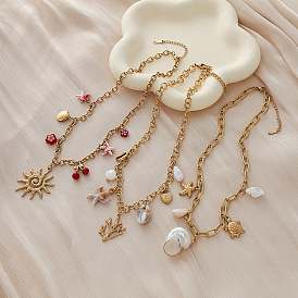 Vintage 304 Stainless Steel Resin Ocean Multi Pendant Necklaces with Faux Pearl for Women, Golden