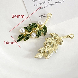 Golden Tone Alloy Enamel Pendants, with Plastic Imitation Pearl Beads, Leafy Branch Charms