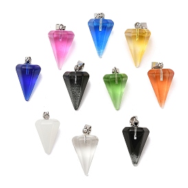 Frosted Glass Pendants, with Stainless Steel Pinch Bails, Faceted, Cone