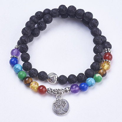 Chakra Jewelry, Natural Lava Rock Wrap Bracelets, with Mixed Stone and Alloy Findings, Flat Round with Tree