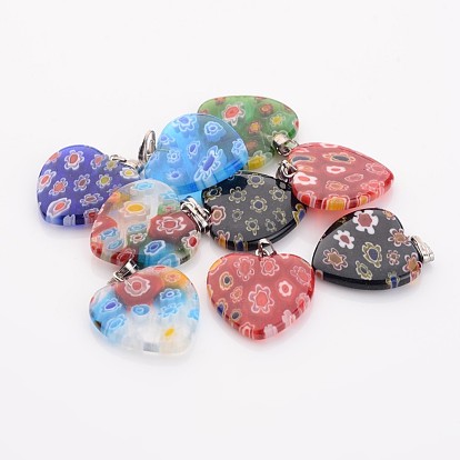 Handmade Millefiori Glass Pendants, with Iron Clasps, Heart