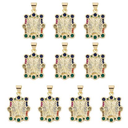 10 pcs rack placage en laiton micro pave pendentifs en zircone cubique, réel 18 k plaqué or, plaqué longue durée, rectangle avec vierge marie
