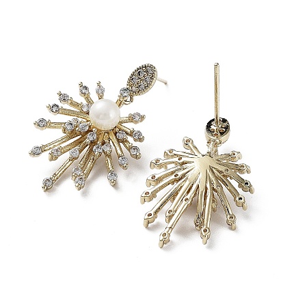 Cubic Zirconia Flower Dangle Stud Earrings with ABS Plastic Pearl, Brass Drop Earrings, Long-Lasting Plated