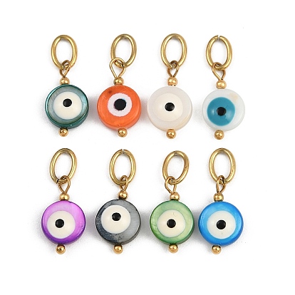 Окрашенные натуральные ракушки эмалевые талисманы от сглаза, с ионным покрытием (IP) 304 соединительные кольца из нержавеющей стали, разноцветные