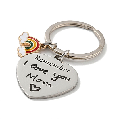 Mother's Day Gift 201 Stainless Steel Heart with Word Remember I Love You Mom Keychains, with Rainbow Alloy Enamel Charm and Iron Key Rings
