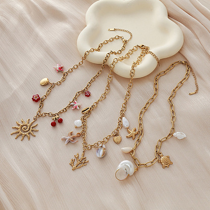 Vintage 304 Stainless Steel Resin Ocean Multi Pendant Necklaces with Faux Pearl for Women, Golden